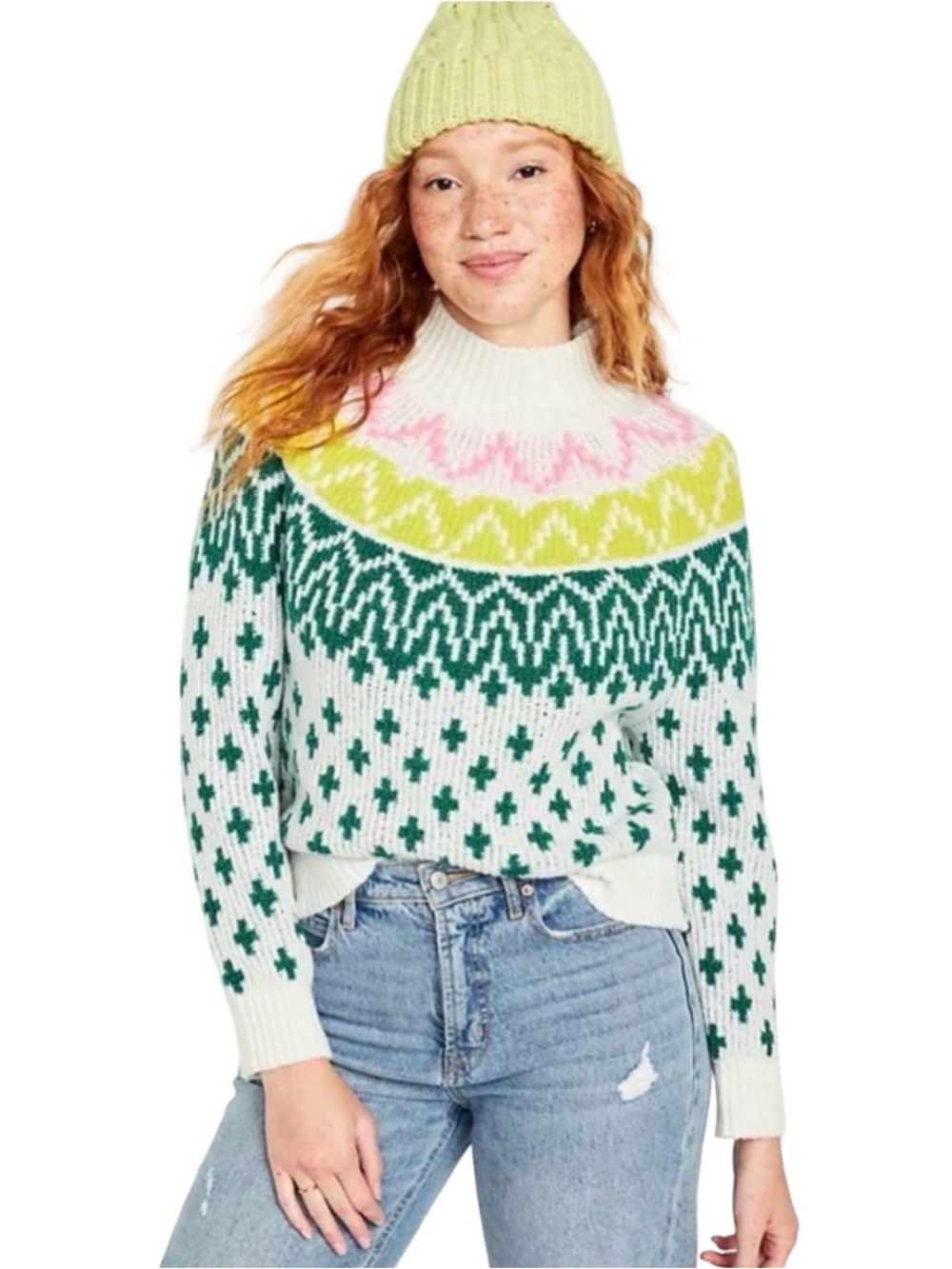 Old Navy Sweater M retro ski Fair Isle Mock Neck chunky Holiday Pastel cozy NWT